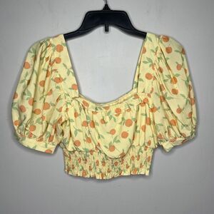 BLU PEPPER Top Womens Small Yellow Cropped Orange Print NEW Smocked Square Neck